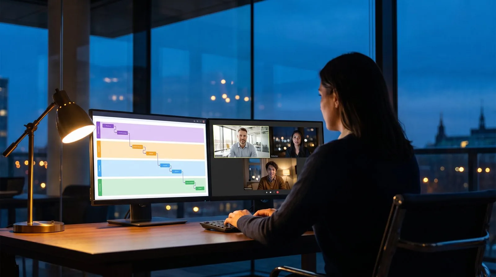 a designer at dusk sharing a lane-based process canvas with three colleagues on a video call across time zones