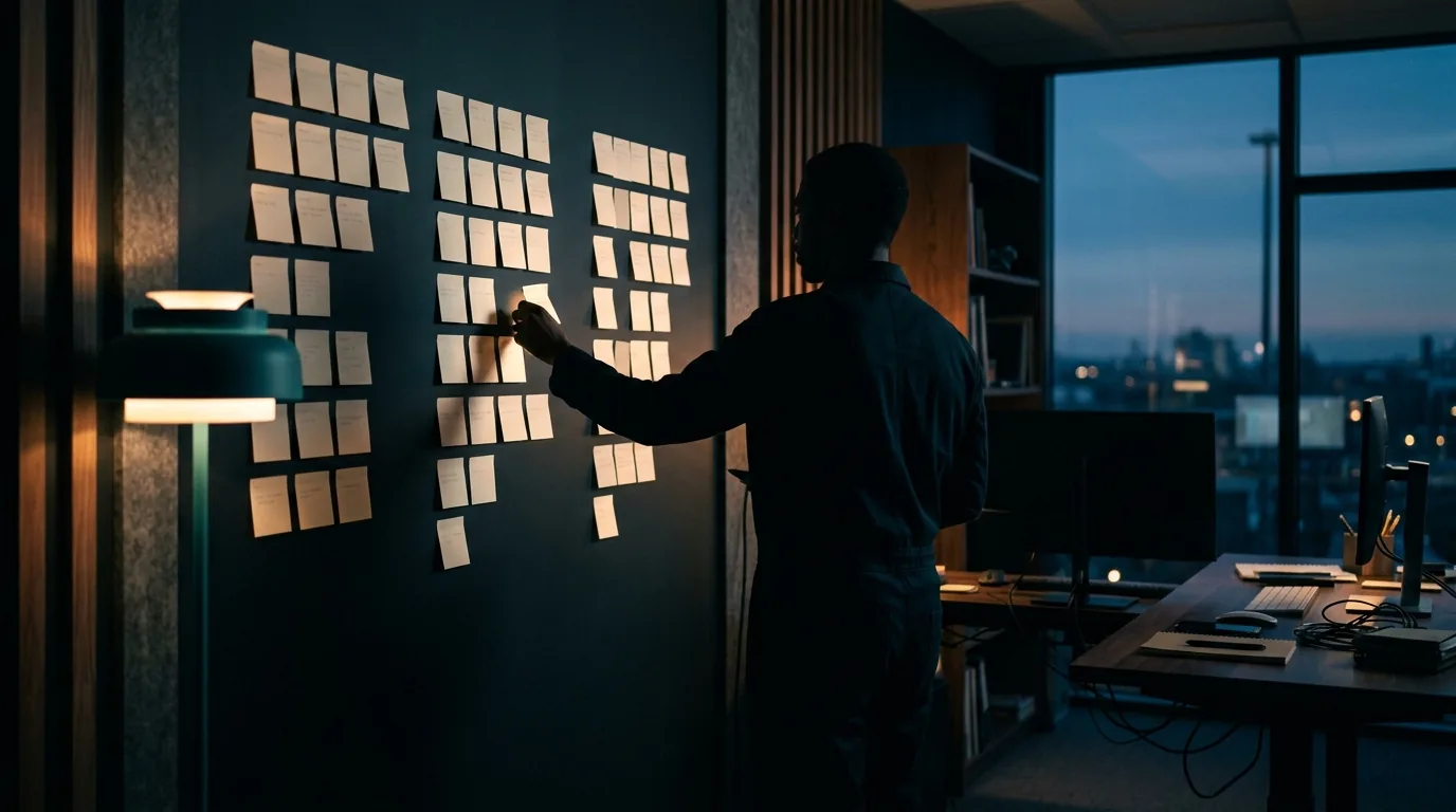 a planning wall with three columns of glowing cards, a person placing one