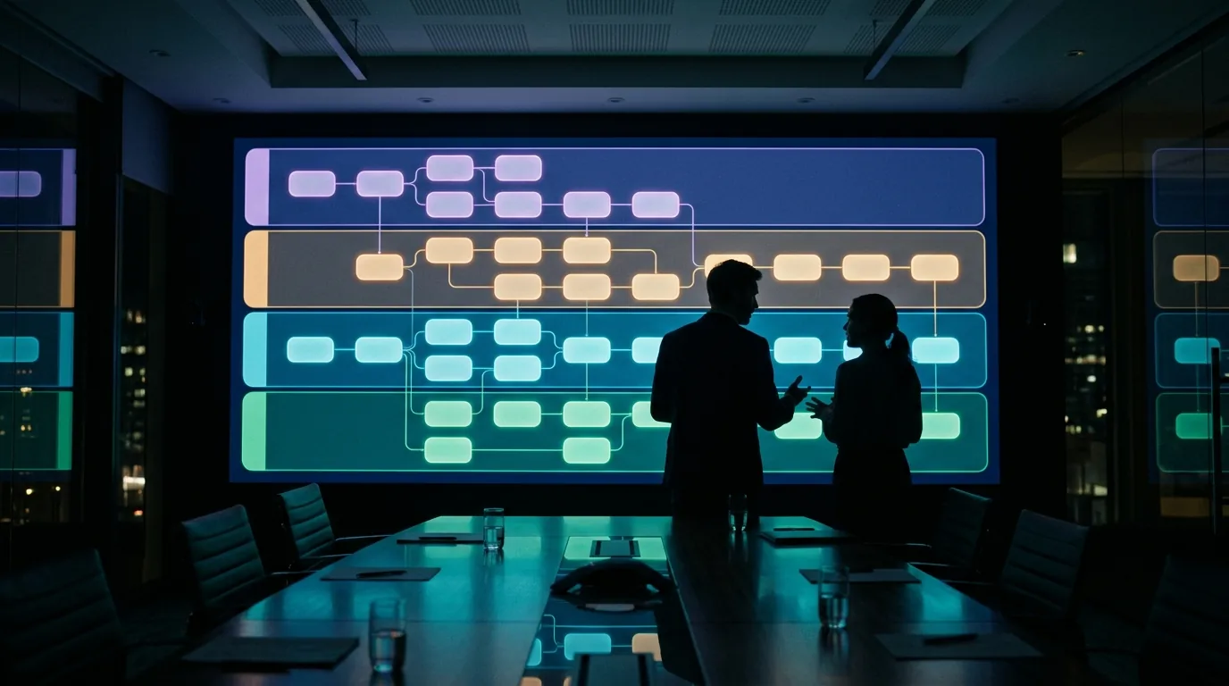 a strategy room at night with a process canvas of colored lanes on the wall