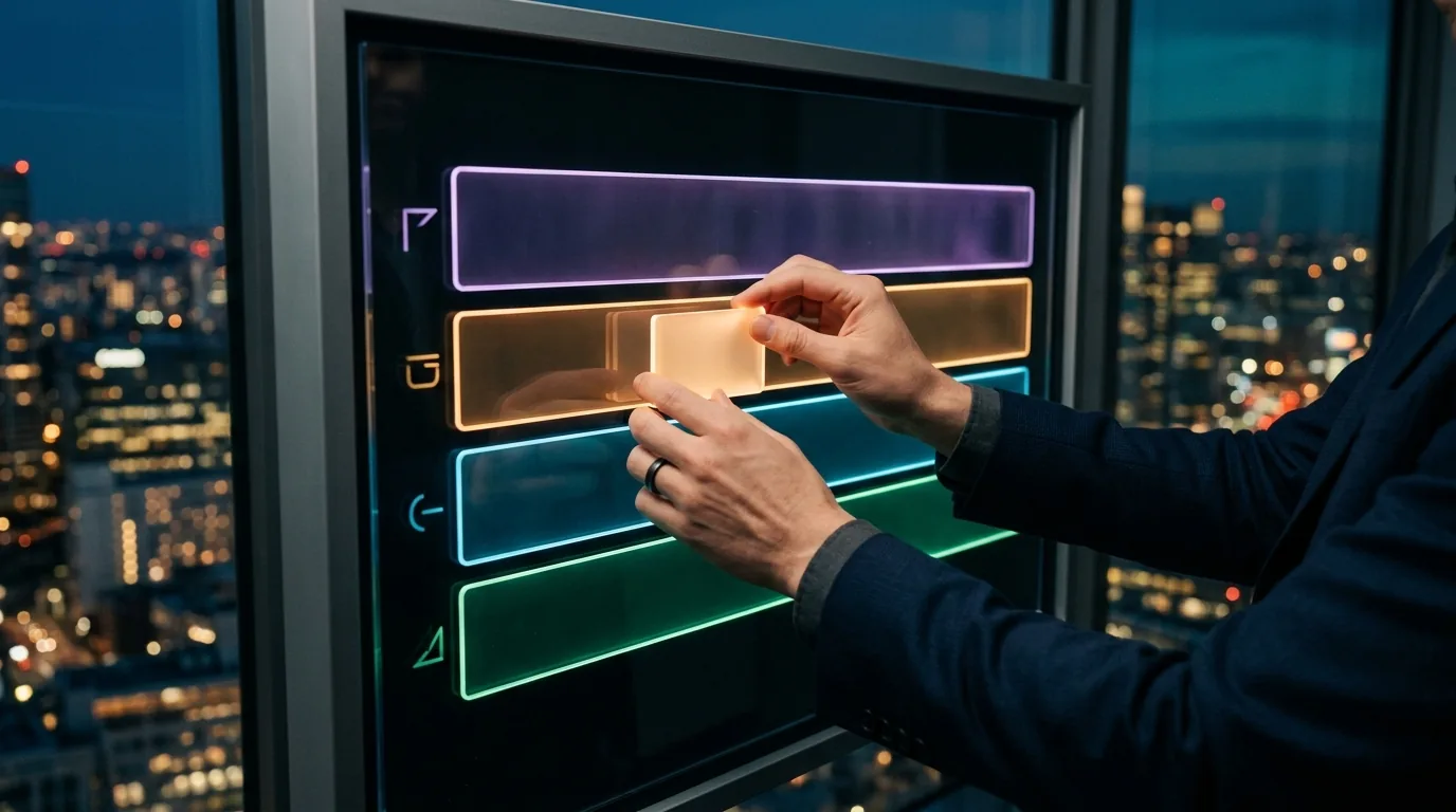 hands moving a glowing card between colored rows on a dark glass board