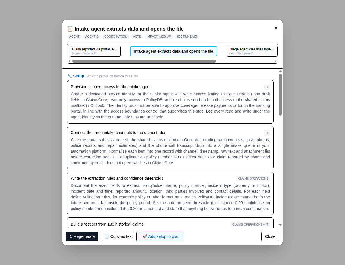 a generated blueprint for an intake agent with setup tasks naming real systems and thresholds