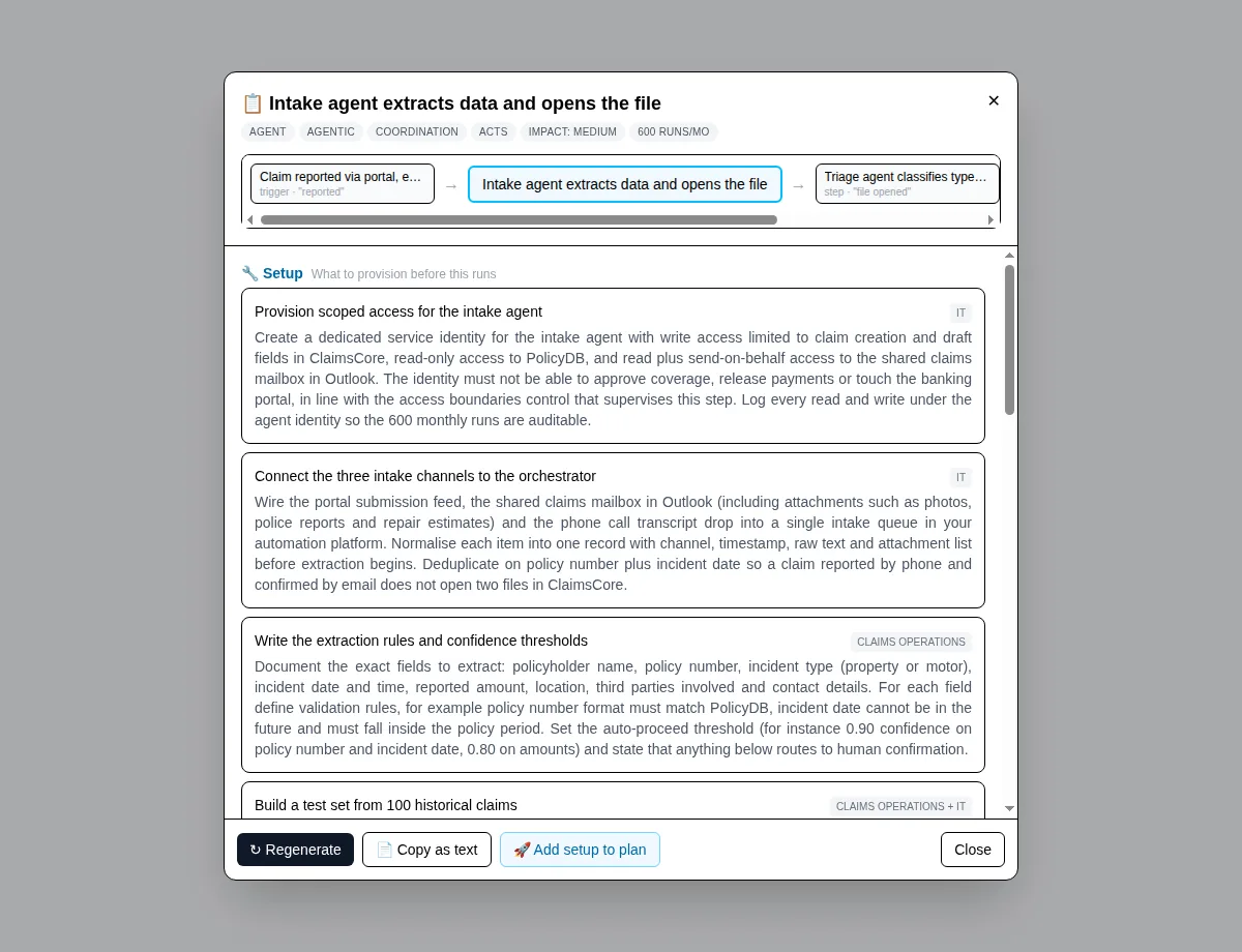 a generated micro-task blueprint for an intake agent, with setup tasks naming real systems
